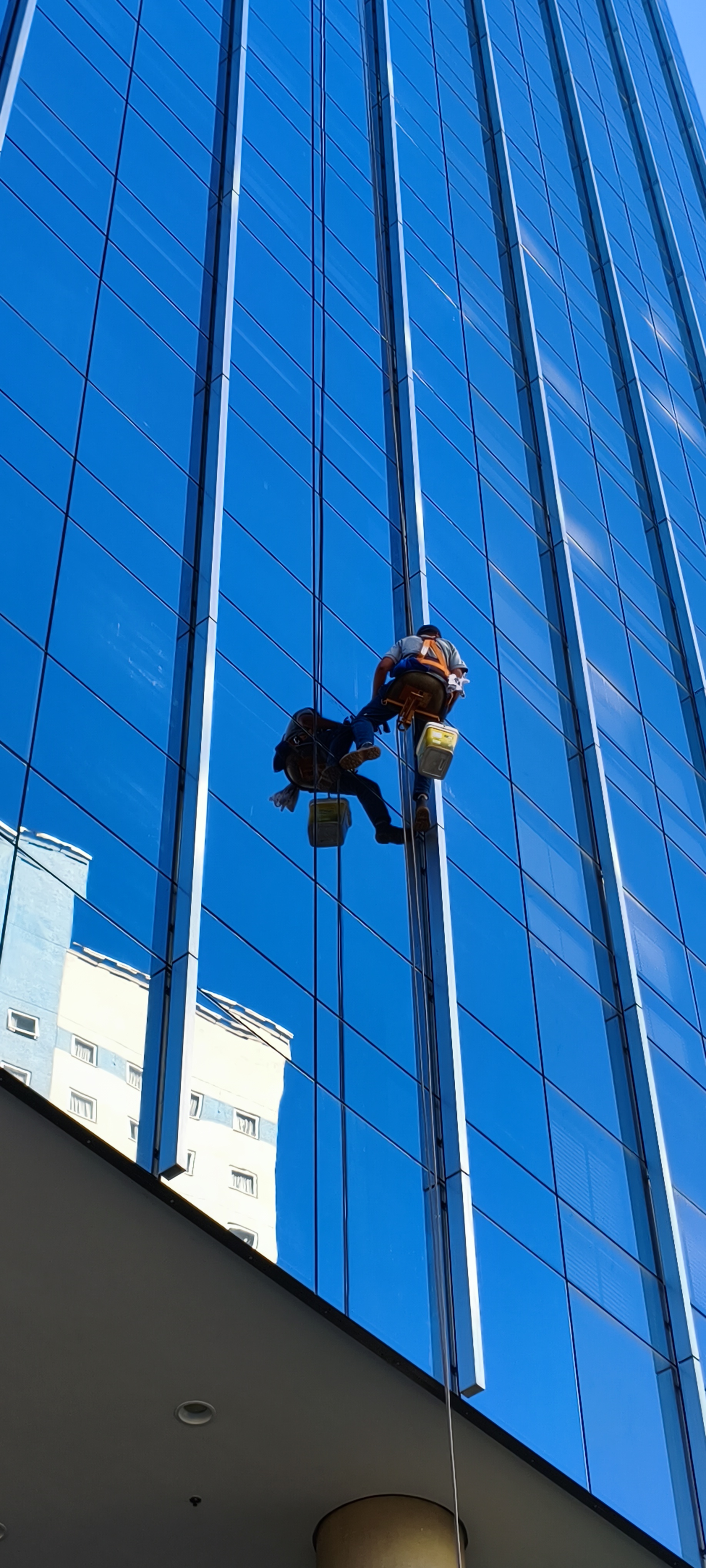 Técnico em rapel industrial limpando fachada de vidro de prédio alto em São Paulo, trabalho em altura com NR-35